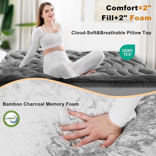 Dual Layer 4 Inch Bamboo Memory Foam Mattress Topper Twin Size, 2 Inch Thick Soft Quilted Pillow Top Cover Plus 2 Inch Charcoal Gel Memory Foam Mattress Pad for Back Pain Relief