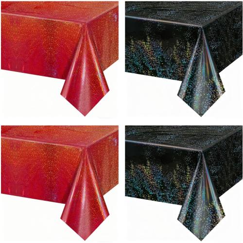 4Pcs Red and Black Holographic Tablecloths Rectangular Black Iridescent Tablecloth Shimmer Metallic Red Table Covers for Halloween Retirement Family Gatherings Christmas Party Supplies, 54 x 108Inch
