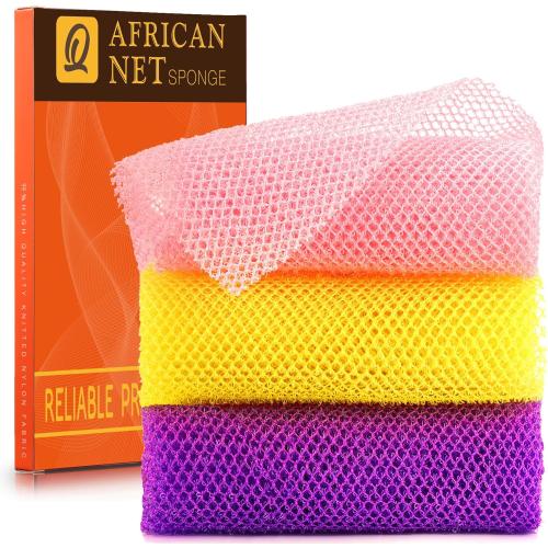 UJFQBH 3 Pieces African Bath Sponge African Net Long Net Bath Sponge Exfoliating Shower Body Scrubber Back Scrubber Skin Smoother,Great for Daily Use (Pink,Yellow,Purple)