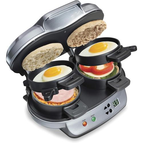 Hamilton Beach Dual Breakfast Sandwich Maker with Timer, Ready in 5 Minutes, Removable Dishwasher Safe PFAS-Free Non-Stick Egg Cooker Ring, Silver (25490MNA)