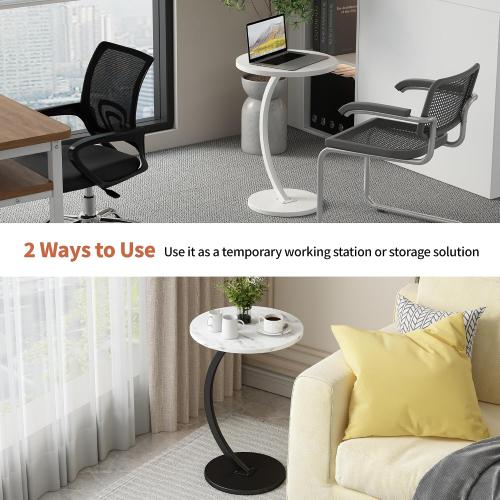 C Shaped Side Table End Table Round Small Side Table,White & Black | C Shaped End Table Metal Frame for Sofa Bed Couch Living Room Bedroom Small Spaces Bedside TV Tray Accent Nightstand Table