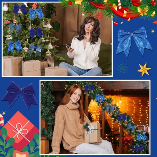 36 Pcs Christmas Bows with Twist Ties 6 Inch Velvet Mesh Ribbon Wreath Glitter Bows for Holidays Wreath Christmas Tree Railings Farmhouse Decoration DIY Craft Gift(Blue)
