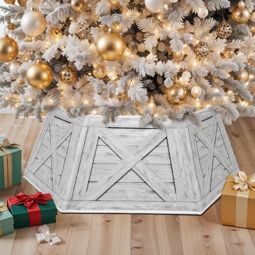 OurWarm Christmas Tree Collar Hexagon Christmas Tree Ring, 28 Fabric Collapsible Trees Skirt, Rustic Double-Sided Christmas Trees Box Base for Home Festive Xmas Decorations