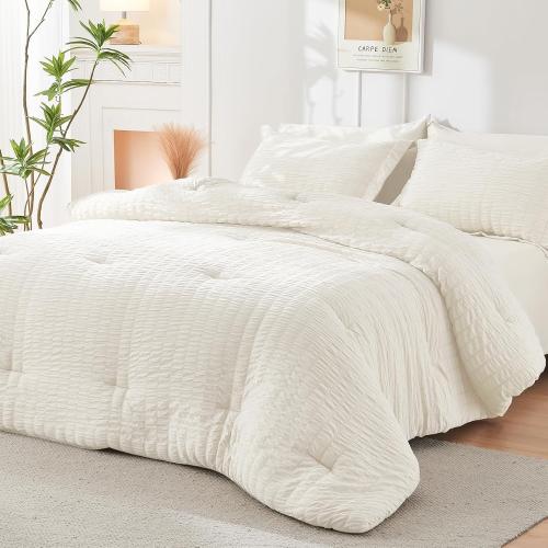 HYMOKEGE Ivory King Size Comforter Set Seersucker 7 Pieces, All Season Luxury Bed in a Bag for Bedroom, Bedding Set with Comforters, Sheets, Pillowcases & Shams