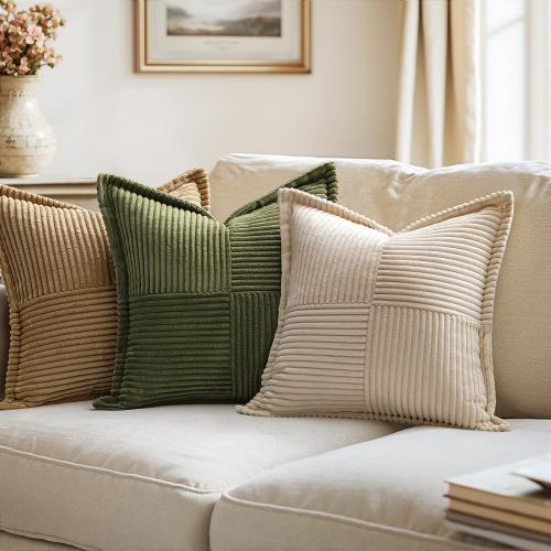 MIULEE Decorative Throw Pillow Covers for Couch Bed Livingroom 18x18 Inch Set of 2 Beige Boho Accent Throw Pllows Broadside Striped Patchwork Soft Corduroy Pillowcases