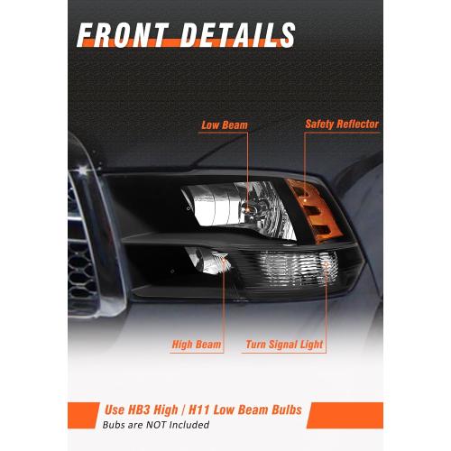 Fit 2010-2018 Dodge Ram 2500/3500 Headlamp Amber(Quad And Dual Style) for 09-18 Ram 1500 Black Housing Headlight Assembly with Reflector Replacement Left Right(Not included Bulbs)
