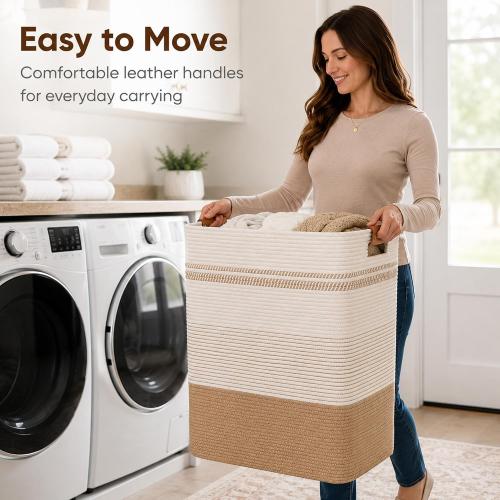 Laundry Hamper, Cotton Rope Laundry Basket with Leather Handles, 21.1-Gallon/80 L Large Clothes Hampers for Laundry, Handwoven Laundry Baskets for Blankets, Children Toys, Bedroom, Living Room