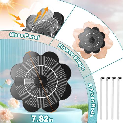 Solar Fountain Flower Shape-No Battery, Glass 3.5W Solar Water Fountain with 7 Nozzles & 4 Fixer Rods,2025 Solar Fountain Pump for Bird Bath, Outdoor, Pool, Garden, Pond & Flower Pot