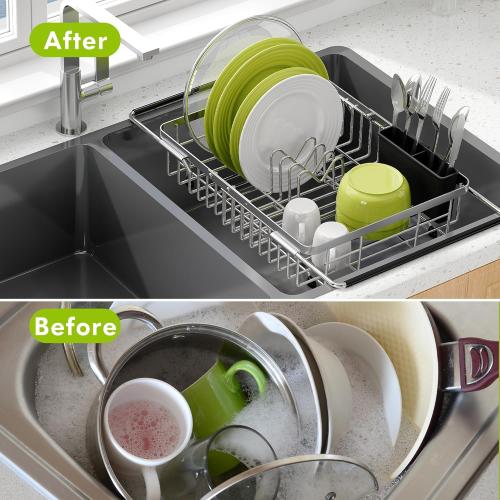 JASIWAY Dish Drying Rack in Sink, Expandable Stainless Steel Dish Drainer for Kitchen Sink, Dish Strainer Rack, Retractable Over Sink Dish Rack with Utensil Holder, 13.1''~16.6''D x 11.8''W, Silver