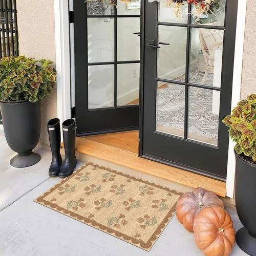 Front Door Mat Indoor Outside Entrance 2x3 Tan Floral Scalloped Rug