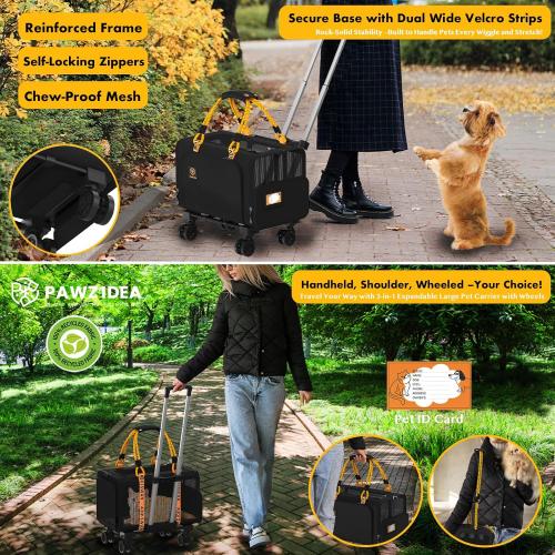 PAWZIDEA Expandable Pet Carrier with Wheels, 18x11x11 TSA Airline Approved Cat Carrier for 2 Cats Under Seat, Soft-Sided Dog Carrier for Small Dogs Rolling Travel Bag w/Telescopic Handle, ID Card