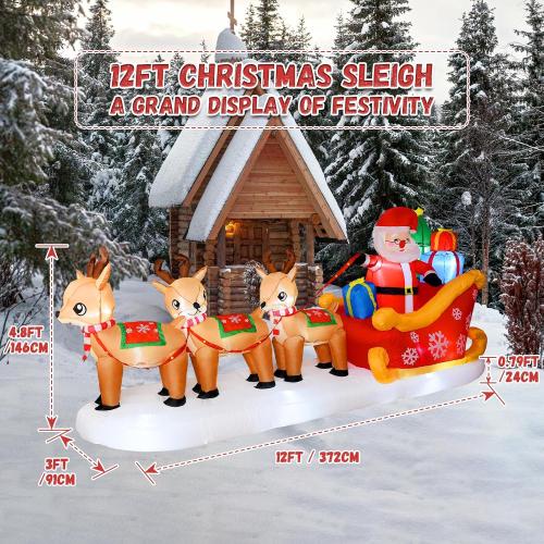 Christmas Blow Up Yard Decorations - 12 FT Christmas Inflatables Santa Sleigh and Reindeer Outdoor Decoration Built-in 13 Led Christmas Decorations Outdoor Inflatable for Yard Lawn Roof Xmas Party