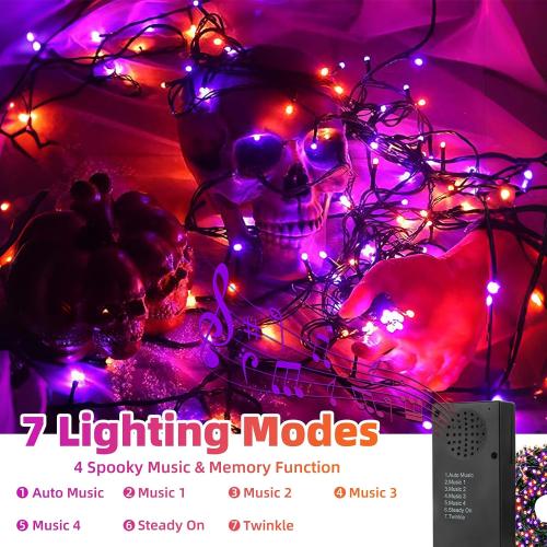 Battery Operated Halloween Lights with Motion Sensor Spooky Music or Battery Powered Orange & Purple 2 Colors in 1 Waterproof 33ft 100LED Halloween Indoor Outdoor Decor