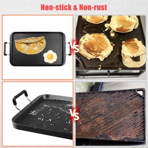 Vayepro Stove Top Flat Griddle, 17 Inch 2 Burner Griddle Pan for Stove Top Grill, Aluminum Pancake Griddle, Non-Stick Top Griddle for Gas Grill, Charcoal Grill Griddle For Outdoor/Camping