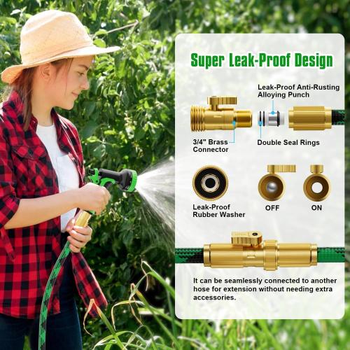Green and Black Garden Hose Non-Expandable Water Hose with 10 Function Nozzles, Portable, Kink-Free, Outdoor and Garden Flexible Hose Pipe for Car Wash, Yard, Camper, Lawn, Lightweight Long Hose