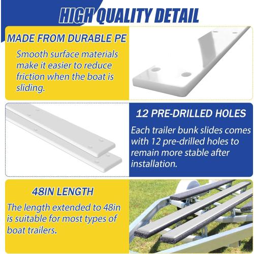Size 48 X 3 PE Trailer Bunk Glides, Heavy Duty Boat Trailer Bunk Slide Pads with Screws and 12 Holes, Smoother Boat Trailer Glide Bunk Enders for Loadings and Launches Easier