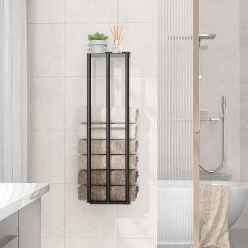 Susswiff Towel Racks for Bathroom 31 Inch - Wall Mounted, Solid 2 Metal Shelves and 3 Vertical Bars, Can Holds 6 Large Rolled Bath Towels - for Modern Decor Bathroom Towel Storage (Matte Black)