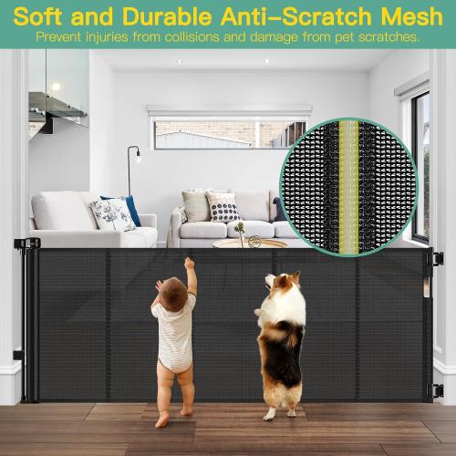 Reinforced 60 Wide Retractable Baby Gates with Upgraded Rods - Bottom Anti-Escape, 5 ft Mesh Baby Gate Retractable Dog Gate Indoor Pet Gate Retractable Stair Gate Outdoor Retractable Gate, Black