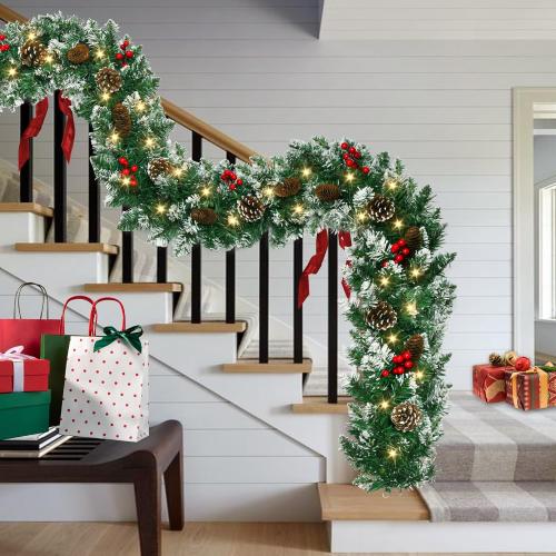 9 FT Christmas Garland with Lights,Battery Operated Lighted Garland with Pine Cones Red Berries Lush Branches,50 LED Lights 8 Modes,Christmas Decor Mantle Fireplace Indoor Outdoor Home