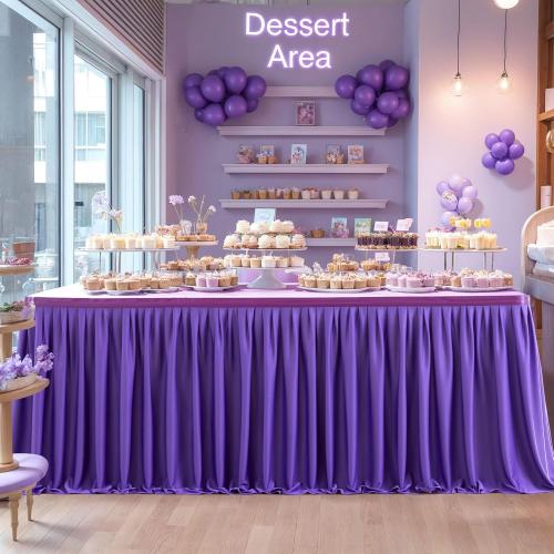 Partisky Purple Polyester Table Skirt for Rectangle Tables 9ft, Wrinkle Resistant Pleated Ruffle Table Cloth for Banquet Wedding Trade Baby Shower Display Gift Dining Table