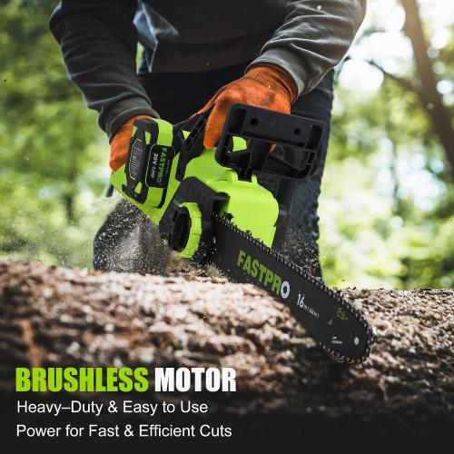 FASTPRO 40V 16-inch Cordless Chainsaw, Brushless Chain Saw Kit with 2 Batteries (4.0Ah) and Charger Base, For Wood Cutting & Trimming