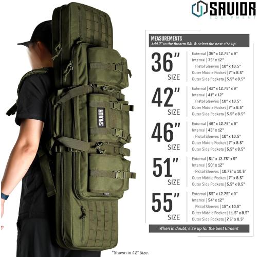 Savior Equipment American Classic Tactical Double Long Gun Bag Pistol Transportation Case w/Backpack Strap, Lockable Compartment, Available Length in 32 36 42 46 51 55