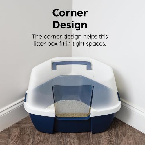 Corner Cat Litter Box Enclosure, Small Cat Litter Box with Lid, Corner Litter Box Enclosure for Kittens to Medium Sized Cats, Odor Defensive, Navy/White