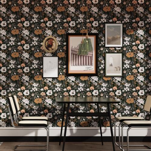 Vintage Floral Peel and Stick Wallpaper Dark Boho Botanical Removable Wallpaper for Renters Thick Waterproof Self Adhesive for Bedroom Bathroom Contact Paper for Home Decor (Black&Golden,15.7x118)