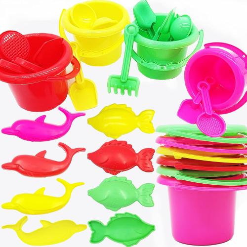 The Dreidel Company Mini Beach Day Playsets (Pack of 6) 3.25 Sand Bucket Play Set Box Includes, Pail, Shovel, Rake, Sifter Scoop, Dolphin Fish Sand Trays Toy for Boys and Girls Birthday Party Favor