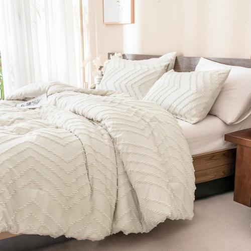 Beige 3 Pc Andency King Size Comforter Set Beige, Boho Cream Soft Warm Tufted Neutral Bedding Comforter Sets for King Size Bed, 3 Pieces Aesthetic Chevron Farmhouse Cute Bohemian Textured Bedding Set