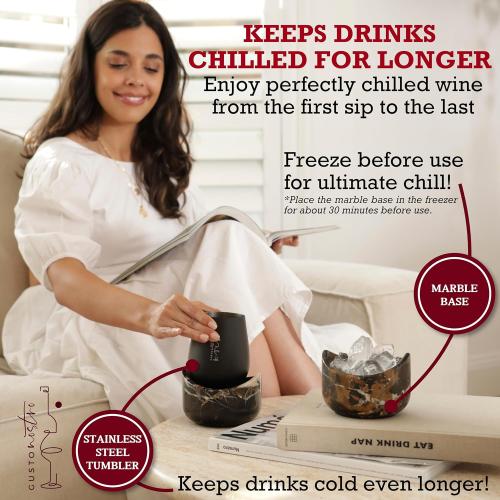 Gusto Nostro Marble Wine Chiller for Glass and Stainless Steel Tumbler Set of 2 - Wine Glass Chiller Holder for Freezer - Cool Set of Two Chillers & Stemless Wine Metal Tumblers for Home, Bar (Black)