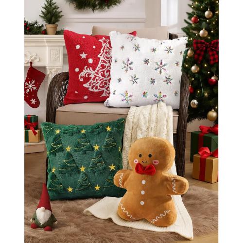 Christmas Pillow Covers 18x18 Inch - Set of 2 Embroidered White Christmas Throw Pillow Cases Soft Plush Faux Fur Snowflake Xmas Decorations Winter Holiday Decor for Home Bedroom Sofa