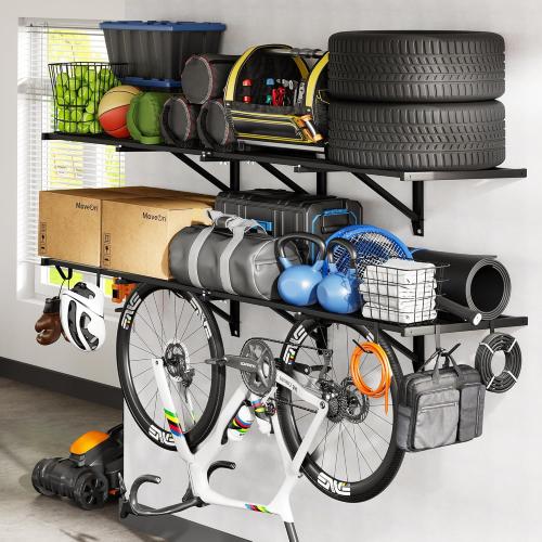 FLEXIMOUNTS 2-Pack 2x6ft Heavy Duty Garage Wall Shelving, 1200lbs Capacity, Garage Shelving Wall Mounted with 8 Hooks, Storage for Power Tools, Garden Supplies, Storage Bins, Lite Series