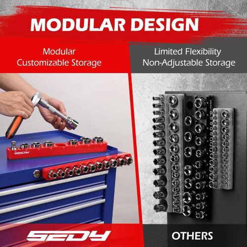 2-Piece 1/2-Drive Metric Magnetic Socket Organizer Set (Holds 19 Sockets) - Detachable Tool Tray with 5mm Magnetic Base, Screw-Fixed Design & Heavy-Duty Modular Storage for Garage/Home Workshop