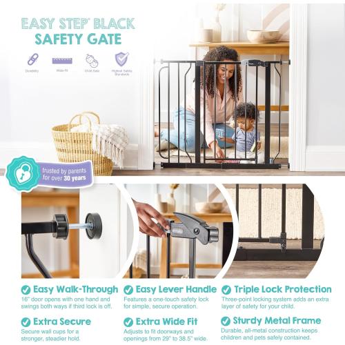Regalo Safety 29-38.5 Baby Gate for Doorways & Bottom of Stairs, Pressure Mounted Baby Gate with Door for Babies, Toddlers & Pets, Tested & Safe for 30 Years, American Designed, American Owned, Black