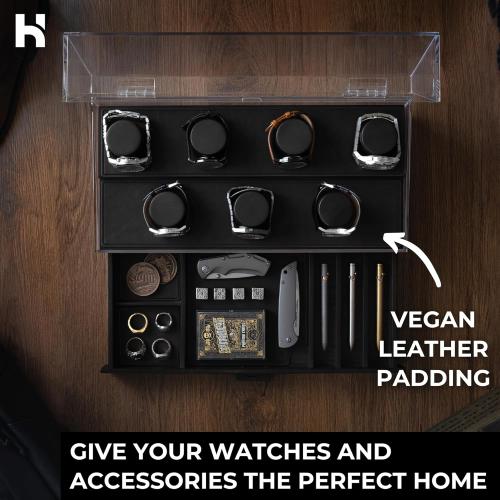 Holme & Hadfield Premium 7-Slot Wooden Watch Display Case – Large Handcrafted Men’s Watch Box with Accessory Drawer, Hinged Cover, Leather Lining – Birthday Gift for Men – Luxury Built to Last