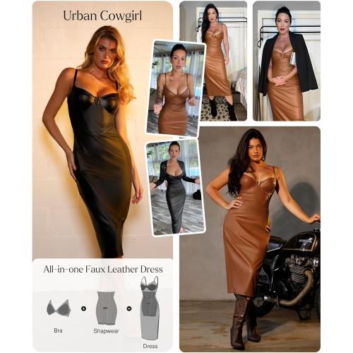 Size M Popilush Corset Shapewear Dress Faux Leather Club Midi Dress V Neck Night Out Bodycon Dresses for Women