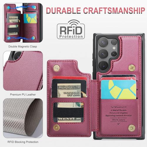 Vinich for Samsung Galaxy S25 Ultra Wallet Case with Card Holder, RFID Blocking Credit Slots Kickstand Shockproof Phone Cover for Women Men, Wine Red