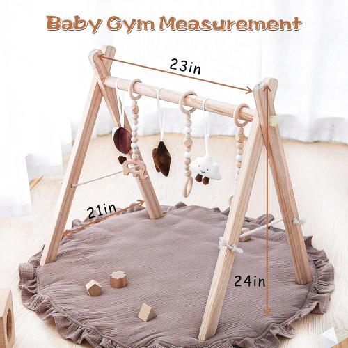 Razee Wooden Baby Play Gym Play Mat, Foldable Baby Gym with 6 Hanging Sensory Toys for Newborn Shower Gift
