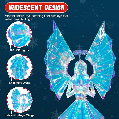 5.5FT Pre-lit Lighted Angel, Prismatic Iridescent Angel Outdoor Christmas Decorations with 110 LED Lights, Plug-in Giant Xmas Angel for Yard, Garden, Porch, Outdoor Holiday Decor