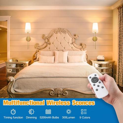 NIORSUN Gold Battery Operated Wall Sconce Set of 2,Rechargeable Wall Lights with 5200mAh Dimmable Detachable Bulbs and Remote,9 Colors Wireless Sconces for Bedroom Living Room Hallway