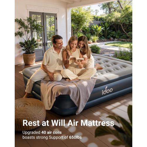 iDOO Queen Air Mattress with Built in Pump, 18 Raised Comfort Inflatable Blow up Mattress, Upgraded Support Structure Portable Air Bed for Camping, Guests and Home, Colchon Inflable, 650lbs Max