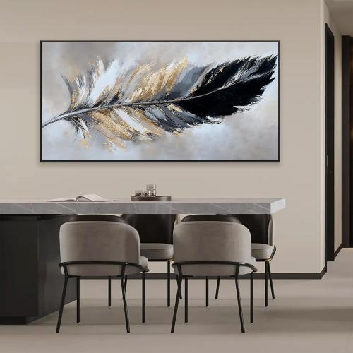 Canvas Art Wall Decor Modern Large Wall Decor Abstract Wall Art for Living Room Modern Home Decorations 29X58 With Framed Painting Black and Gold Minimalist Abstract Art Feather Home Artwork