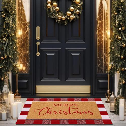 Duraaamo 2 Pcs Christmas Doormat Merry Christ Non Slip Outdoor Rug Xmas Welcome Layered Buffalo Floor Mats for Front Porch Entryway(Red White,Plaid)