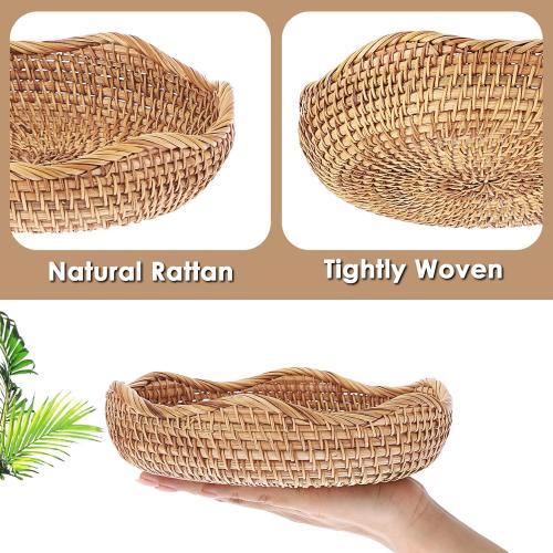 Natural Rattan Tray Wicker Storage Bowls Hand Woven Basket Tray for Bread Fruit Key Round Fruit Baskets for Kitchen Entryway Tabletop Decorative Baskets Bowl