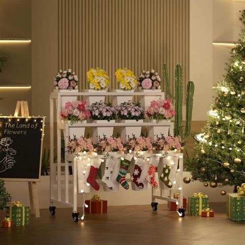 Flower Display Stand with 12 Buckets, 3 Layers Flower Bar, White Metal Plant Stand with Wheels, Heavy Duty Flower Cart for Indoor Outdoor Patio Garden Wedding Florist, White Metal Frame