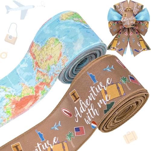 2Rolls 20 Yards Travel Wired Ribbon Adventure Awaits World Map Airplane Printed Ribbon for Gift Wrapping Bow Wreath Making for Baby Shower Birthday Party DIY Craft Decorations