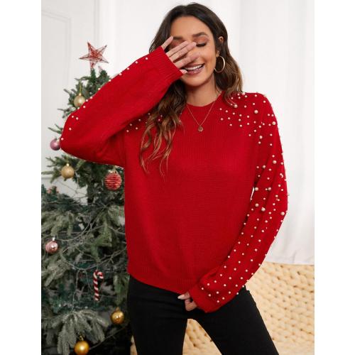 Size XL Blooming Jelly Women's Chunky Sweater Crewneck Sweatshirt Knit Lantern Sleeve Oversized Pullover Sweater with Pearls