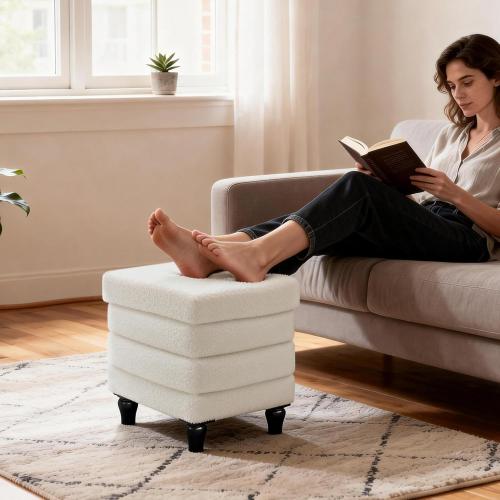 CAROLMADE Folding Storage Ottoman Cube Sherpa Footstool with Wood Legs Ottoman Footrest for Living Room and Bedroom, White 15x12.6x15.4