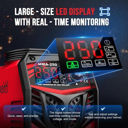 250Amp Stick Welder 110V/220V Dual Voltage, with LED Display ARC Welding Machine w/Hot Start, IGBT Inverter, Portable Welder with Complete Kit (10 Rods, Clamps, Gloves), Anti-Stick for Home/Diy/Farm